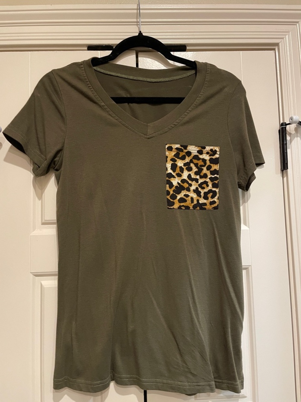 Olive Green V-Neck Tee with Leopard Pocket